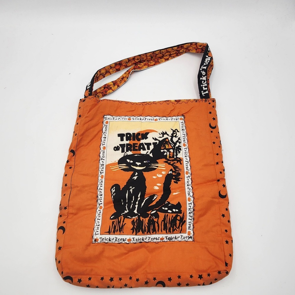Vintage Halloween Trick or Treat Tote Bag Orange Black Cat Haunted House Witch